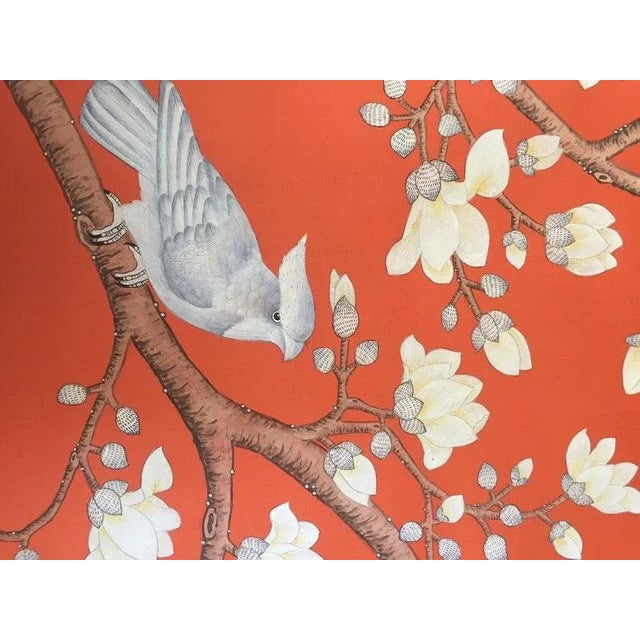 2020s 36"x108" Hand-Painted Silk Chinoiserie Wallpaper Panel in Orange Red on Sale For Sale - Image 5 of 7