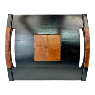 Vintage Black Lacquer and Leather Handled Tray With Inset Leather Tiles For Sale