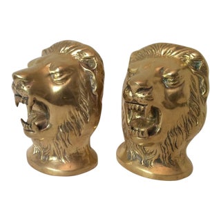 Vintage Polished Brass Mid Century Hollywood Regency Loin's Head Bookends For Sale
