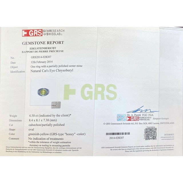 2000 - 2009 Grs Certified Chrysoberyl Cats Eye Mens Ring 14k White Gold Setting Size 8 For Sale - Image 5 of 6