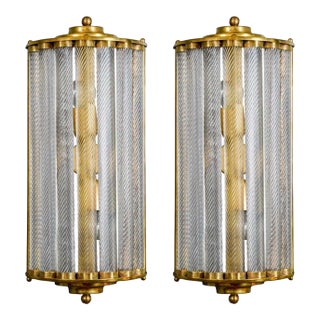 Vintage Art Deco Light Old Lamp Wall Sconces Fixture Brass & Ribbed Glass Rod Ship Light - a Pair For Sale