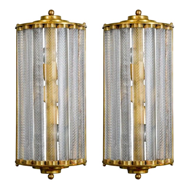 Vintage Art Deco Light Old Lamp Wall Sconces Fixture Brass & Ribbed Glass Rod Ship Light - a Pair For Sale