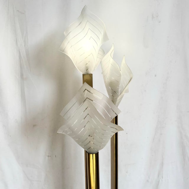 Art Deco Art Deco Sculptural Acrylic and Brass Torchiere Floor Lamp With Calla Lily-Inspired Shades For Sale - Image 3 of 12