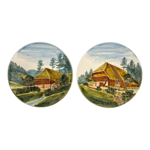Set of Two Vintage Cico Germany Majolica Mountain Chalet Cottage Wall Plates 13"
