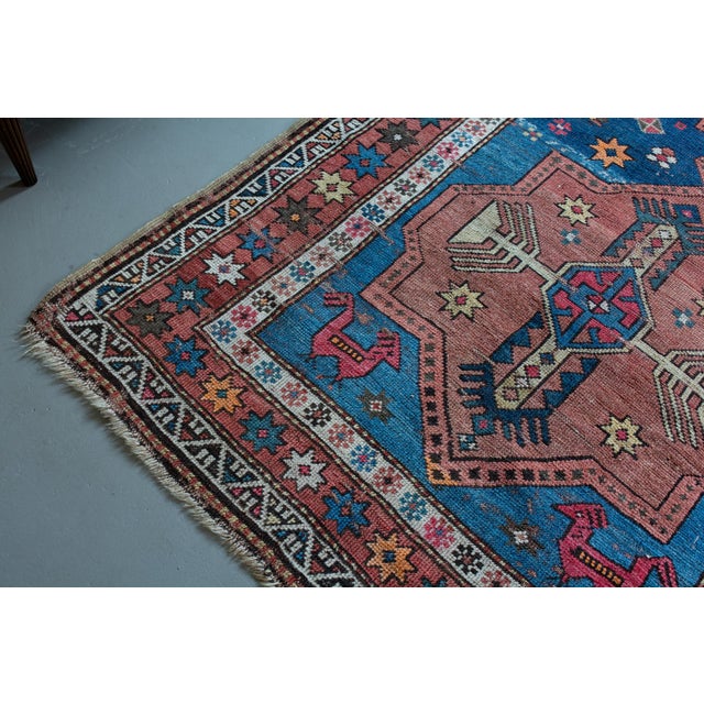 Antique 1920s Armenian Medallion Geometric Floral Abrash Light Blue Orange Terracotta - 3’9” X 6'10" For Sale - Image 11 of 11