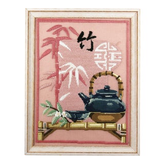 Vintage Bamboo & Blue Teapot Pink Needlepoint Artwork For Sale