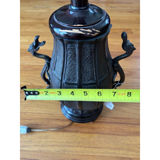 Bronze Vintage Chinoiserie Cast Bronze Dragon-Handled Vase Table Lamp For Sale - Image 8 of 8