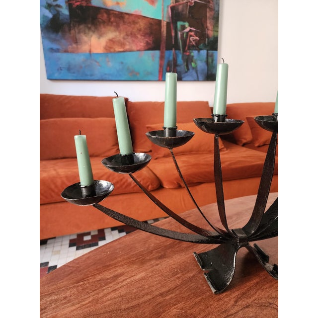 Mid-Century Modern Mid Century Wrought Iron Candelabra | 9 Arm Black Iron Candle Holder | Modernist Brutalist Style | 23.5” Centerpiece Sculpture For Sale - Image 3 of 11