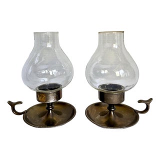 Pair of Vintage Chamberstick Candle Holders With Glass Chimneys and Finger Handles For Sale