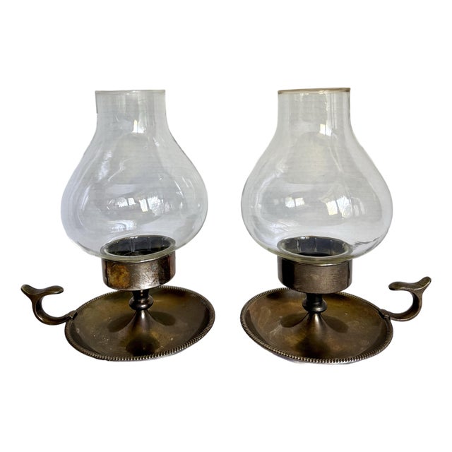 Pair of Vintage Chamberstick Candle Holders With Glass Chimneys and Finger Handles For Sale