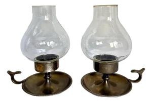 Pair of Vintage Chamberstick Candle Holders With Glass Chimneys and Finger Handles