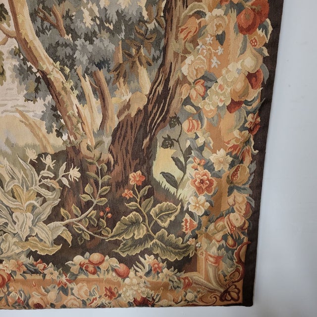 Brown Vintage French Handwoven Aubusson Wall Tapestry, Bird in Woodland Landscape, Gobelins Weave For Sale - Image 8 of 11