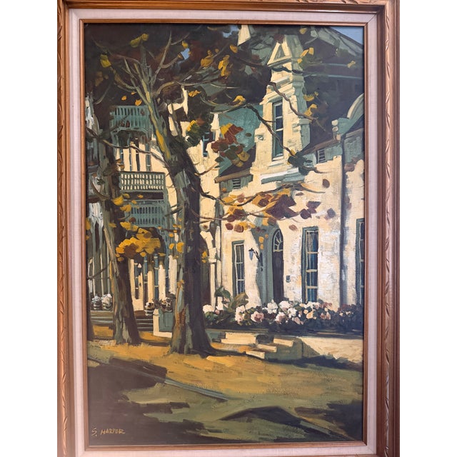 Mid-Century Modern Vintage Mid Century Impasto Oil Painting, Historic House in Autumn, Signed S. Harper, Carved Gold Frame For Sale - Image 3 of 12