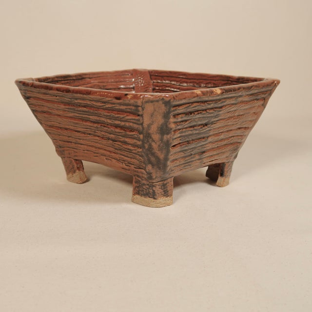 Contemporary Handbuilt Ceramic Vessel With Square Form on Raised Feet With Carved Linear Texture For Sale - Image 3 of 14