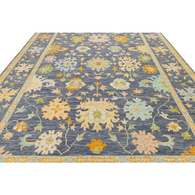 Modern Hand-Knotted Oushak Style Wool Rug in Slate Blue, Ochre & Pastel Accents For Sale - Image 9 of 11