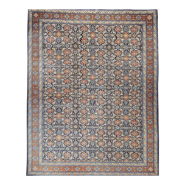 Vintage Persian Tabriz Afshan Rug, Hand-Knotted Wool, Allover Geometric Caucasian Kuba Pattern, Navy & Red, 10x14 For Sale