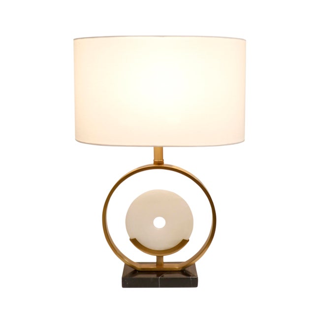 Pasargad Home Sphere Collection White Circular Piece of Marble and Metal Modern Table Lamp with White Shade For Sale - Image 4 of 8