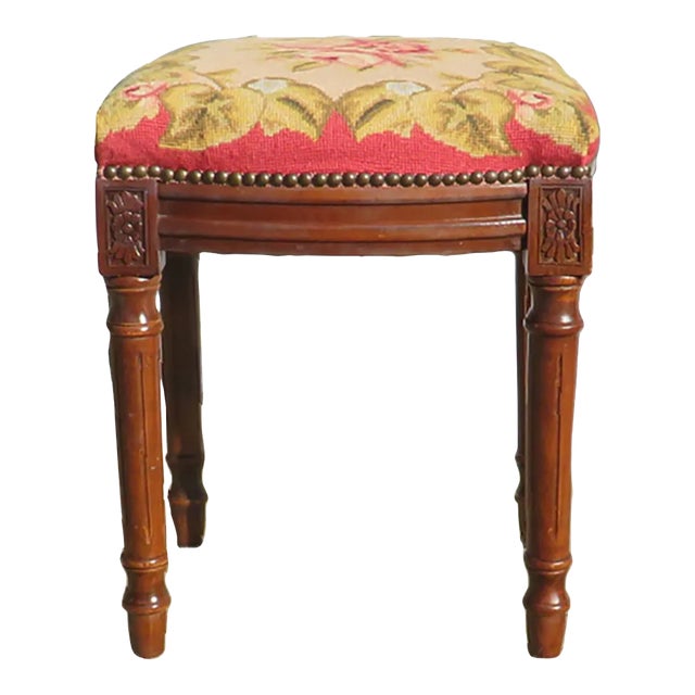 Vintage Louis XVI Style Needlepoint Footstool / Ottoman For Sale
