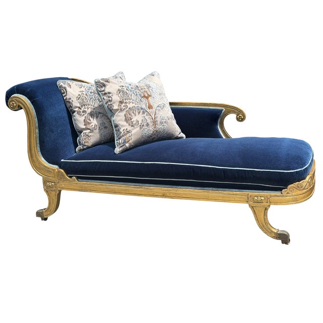 Antique 18th C Louis XVI Giltwood Chaise Fainting Couch - Sapphire Blue Mohair For Sale In Los Angeles - Image 6 of 7