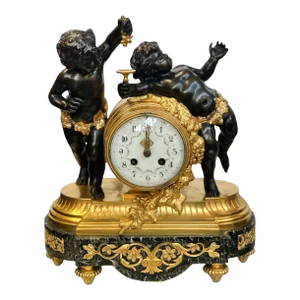 French Early 20th Century Ormolu & Marble Cherub Mantel Clock