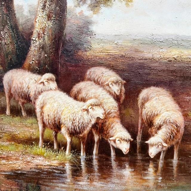 A mid-20th-century pastoral landscape painting depicting a flock of sheep drinking along a reflective stream under a...