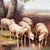 A mid-20th-century pastoral landscape painting depicting a flock of sheep drinking along a reflective stream under a...