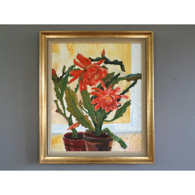 VIVID BLOSSOMS Size: 25.4 x 21.9 inches (including frame) Oil on canvas A vibrant and expressive mid-century still life...