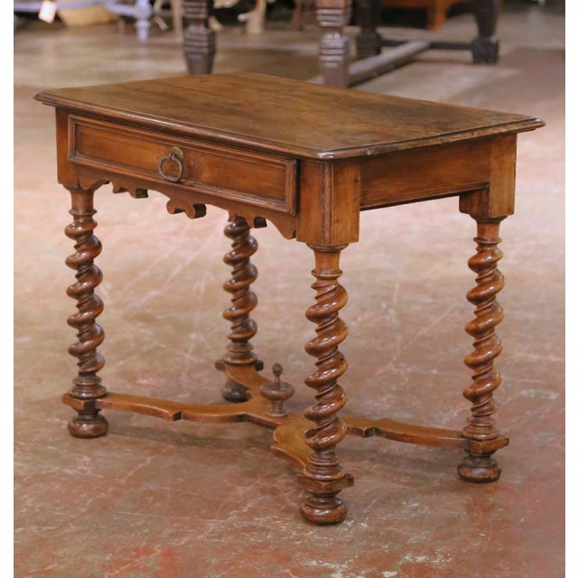 Wood 18th C. French Louis XIII Walnut Table Desk With Barley Twist Legs and Drawer For Sale - Image 7 of 17