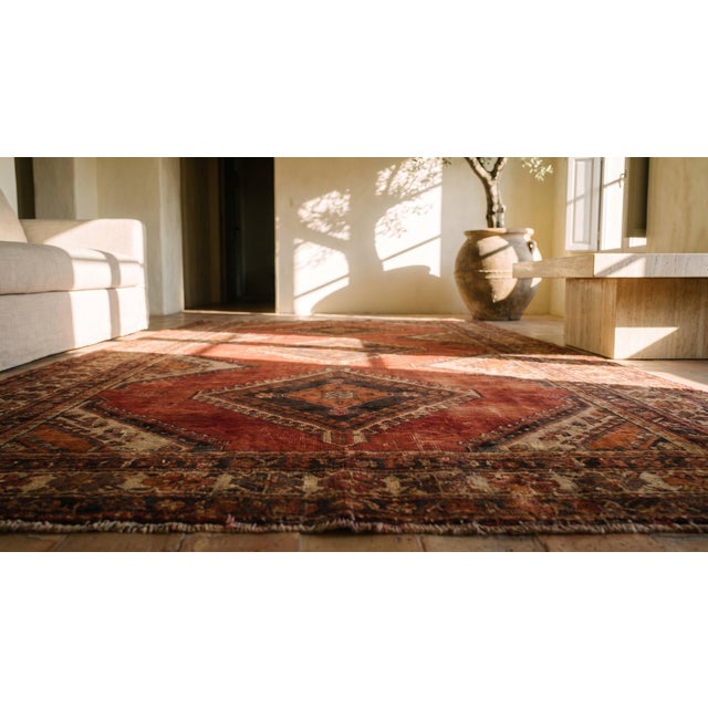 Eminent Red and Brown Color With Magnificent Diamond Design Antique Khotan Rug For Sale - Image 9 of 10