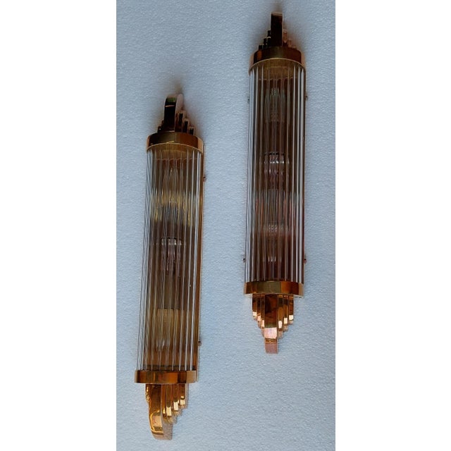 Art Deco Pair Vintage 1940s Art Deco Skyscraper Wall Sconces Fixture in Brass & Glass Rod Ship Light For Sale - Image 3 of 5