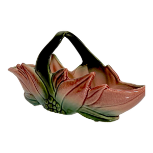 Vintage Hull Pottery Basket, Christmas Poinsettia Planter With Twisted Handle, Green and Pink Ceramic Basket