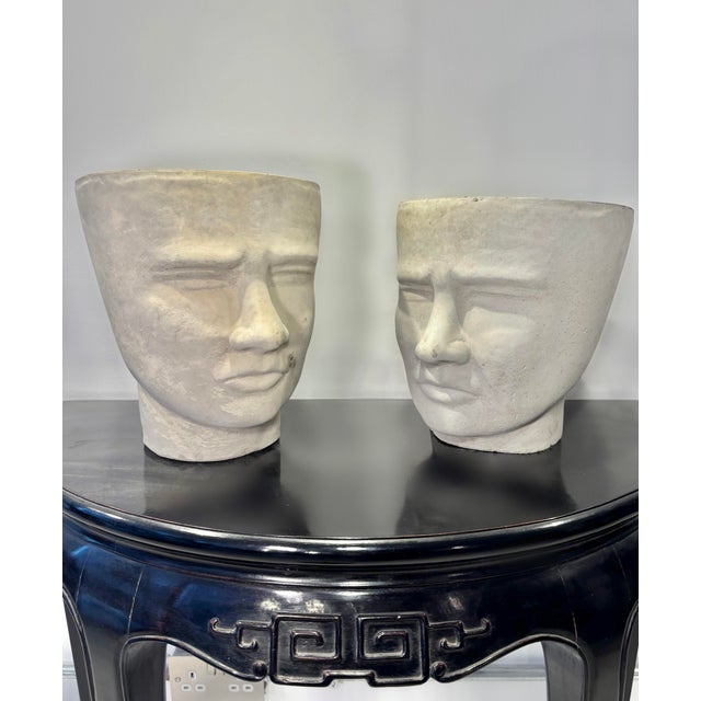Artisinal Concrete Face Pots, Set of 2 For Sale - Image 9 of 9