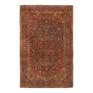 Antique Kashan Red Orange-Gold and Blue Silk Persian Floral Rug For Sale