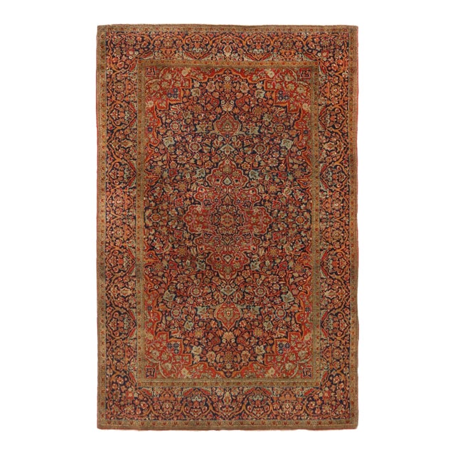 Antique Kashan Red Orange-Gold and Blue Silk Persian Floral Rug For Sale