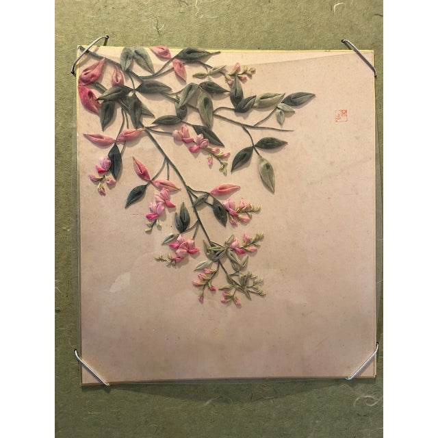 Green Late 20th Century Large Signed Japanese Silk Ribbon Embroidery Framed 3D Floral Art For Sale - Image 8 of 8