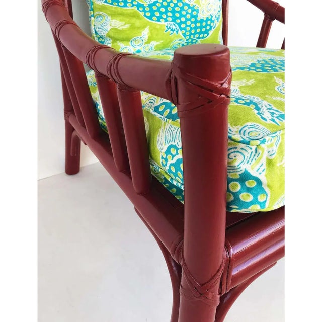 McGuire 1970s McGuire San Francisco Rattan Club Chairs, Brunschwing & Fils Fabric- A Pair. For Sale - Image 4 of 9
