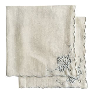 Antique Linen-Silk Cocktail Napkins With French Blue Embroidery – Set of 2 For Sale