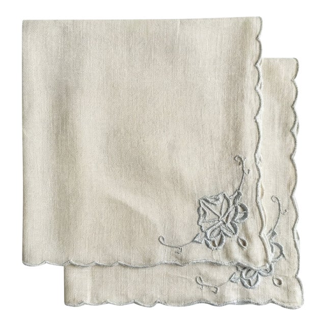 Antique Linen-Silk Cocktail Napkins With French Blue Embroidery – Set of 2 For Sale
