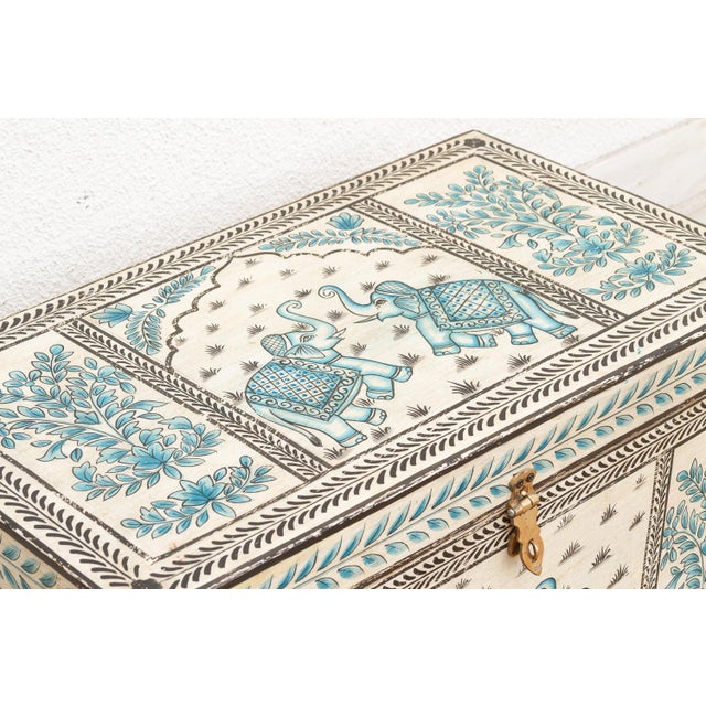 Folk Art Vintage Blue & White Elephant Painted Trunk For Sale - Image 3 of 10