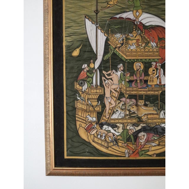 Original Hand-Painted Silk Art - Noah’s Ark Religious Illustration- Large Vintage Gold-Framed Maritime Scene For Sale In Oklahoma City - Image 6 of 12