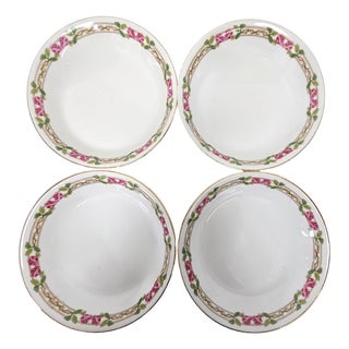 Set of 4 Guerin & Co Limoges Pink Rose & Gold Bone China Soup Bowls, France c.1910-1932 For Sale