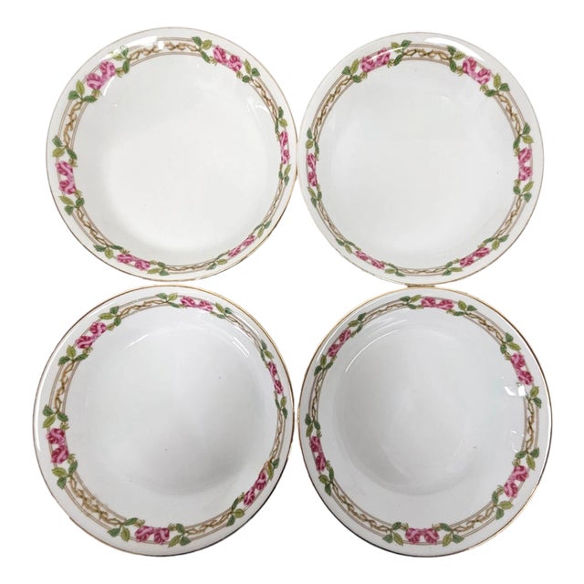 Set of 4 Guerin & Co Limoges Pink Rose & Gold Bone China Soup Bowls, France c.1910-1932 For Sale
