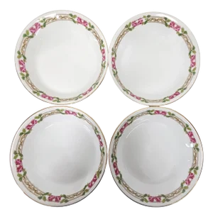 Set of 4 Guerin & Co Limoges Pink Rose & Gold Bone China Soup Bowls, France c.1910-1932