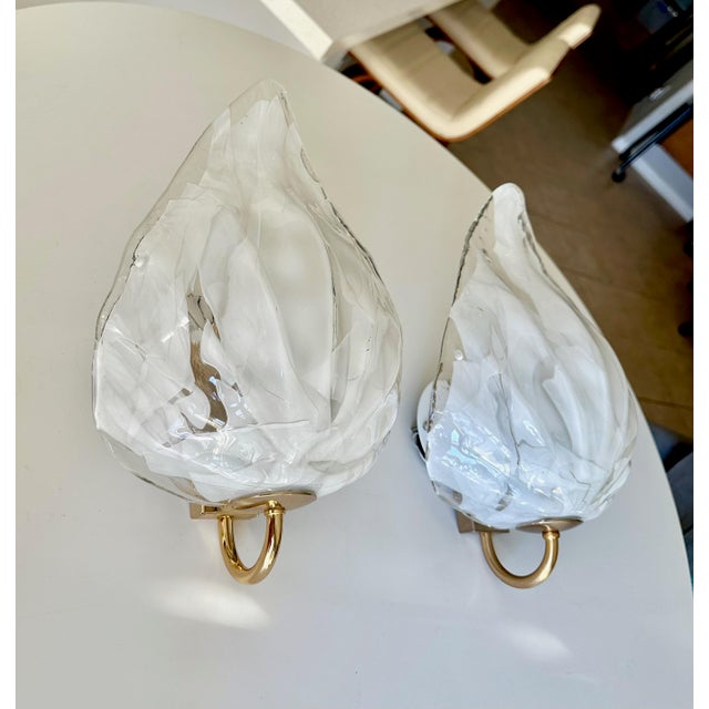 Pair Mazzega Murano White & Clear Glass Leaf Wall Sconces For Sale In Palm Springs - Image 6 of 15