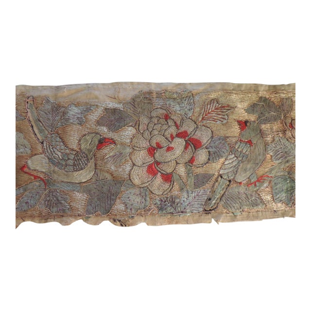 Antique Silk and Metallic Threads Embroidery Panel For Sale