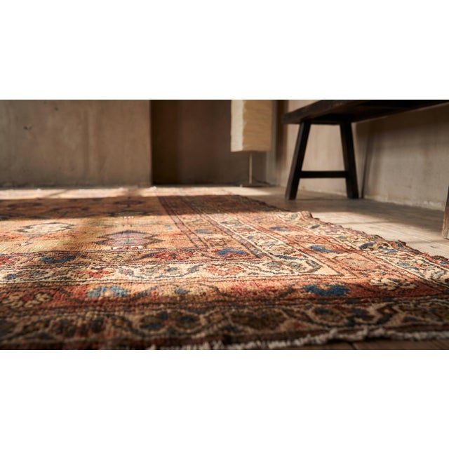 1930s Orange Peach Geometric Tribal Handknotted Antique Persian Kurdish Rug 4'6" X 5'7" Wool Carpet For Sale - Image 9 of 9