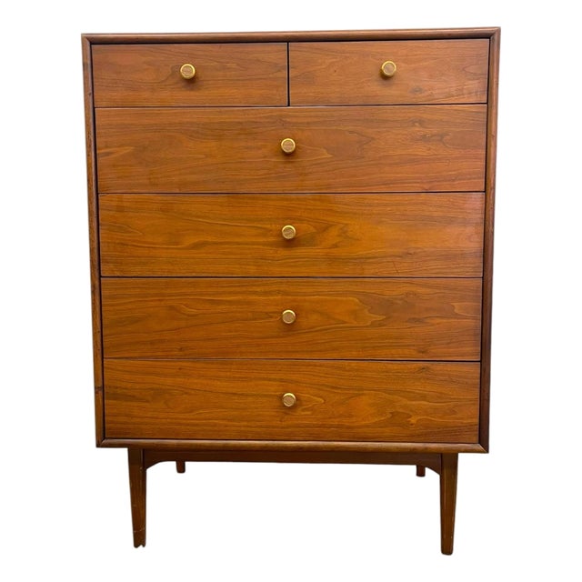 Mid-Century Modern Drexel Declaration Walnut Tallboy Dresser by Kipp Stewart – 6-Drawer MCM Chest. For Sale