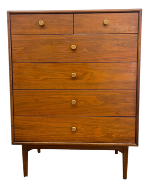 Mid-Century Modern Drexel Declaration Walnut Tallboy Dresser by Kipp Stewart – 6-Drawer MCM Chest.