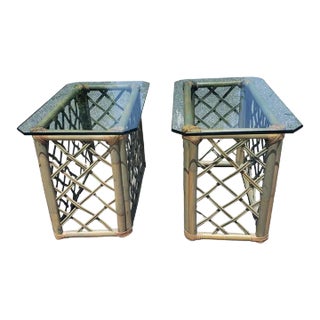 Vintage Jumbo Rattan Glass Top Side Tables in Turquoise-Champaign Color For Sale