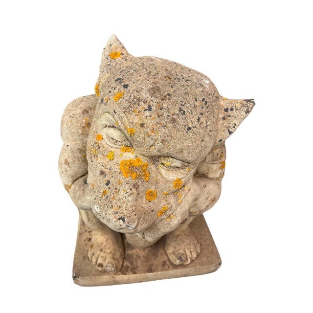Stone Vintage Cast Stone Crouching Gargoyle Garden Statue For Sale - Image 7 of 12